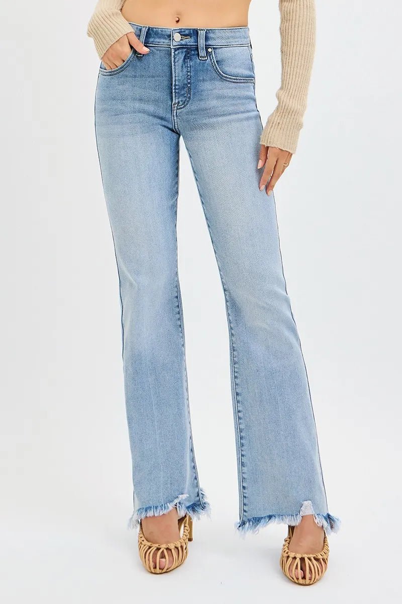 RISEN Full Size Tummy Control Mid Rise Flare Jeans with Fray Hem Detailed Plus Size - AMVIM
