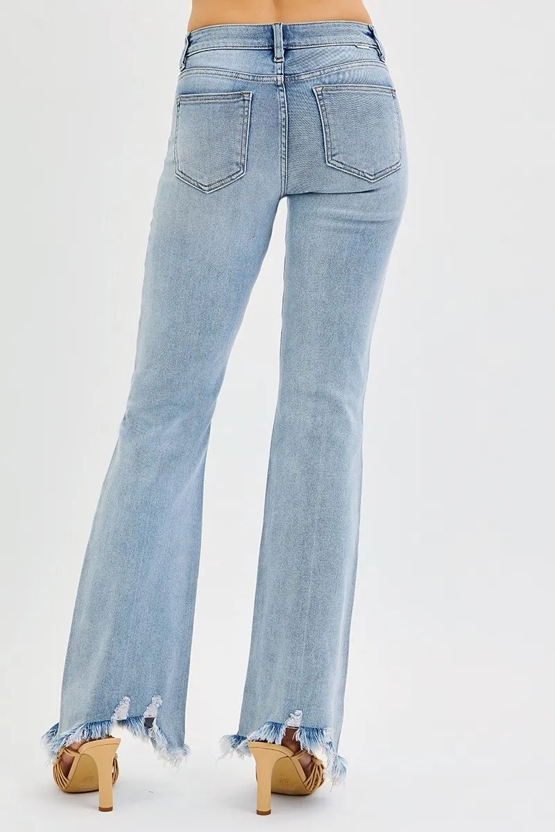 RISEN Full Size Tummy Control Mid Rise Flare Jeans with Fray Hem Detailed Plus Size - AMVIM