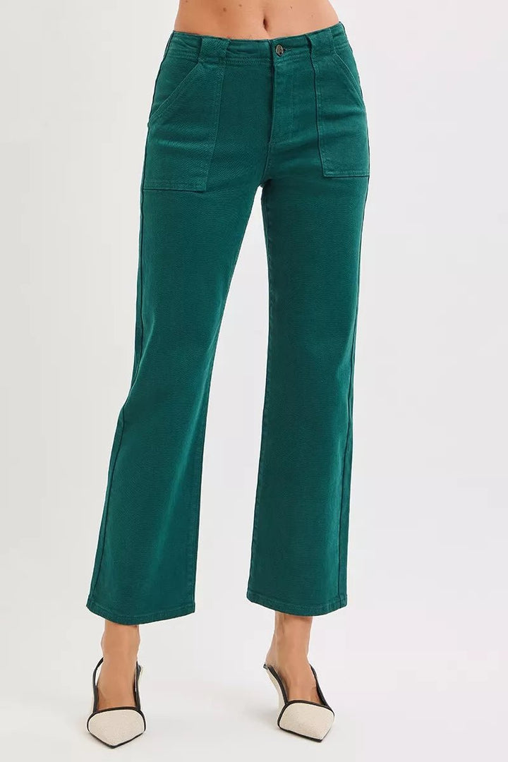 RISEN High Rise Ankle Flare Jeans with Patch Pockets - AMVIM