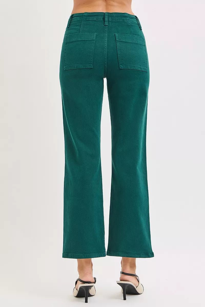 RISEN High Rise Ankle Flare Jeans with Patch Pockets - AMVIM