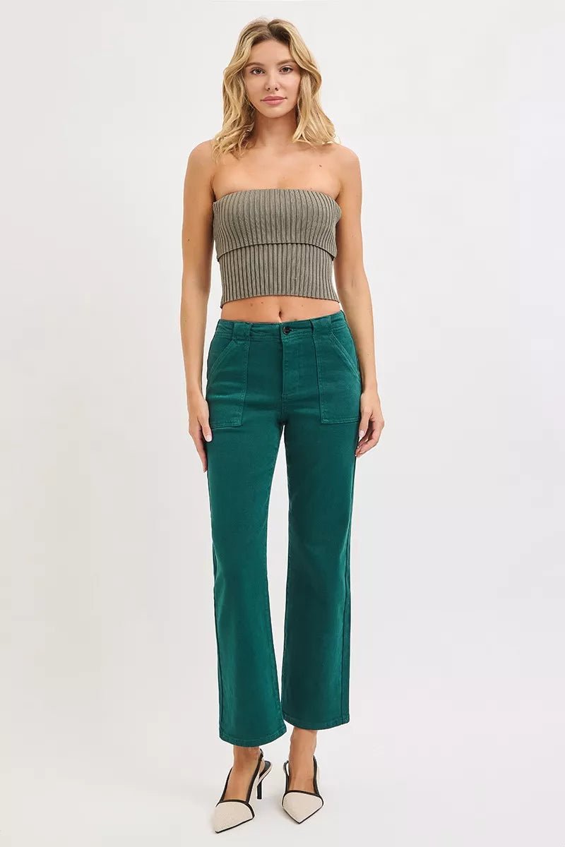 RISEN High Rise Ankle Flare Jeans with Patch Pockets - AMVIM