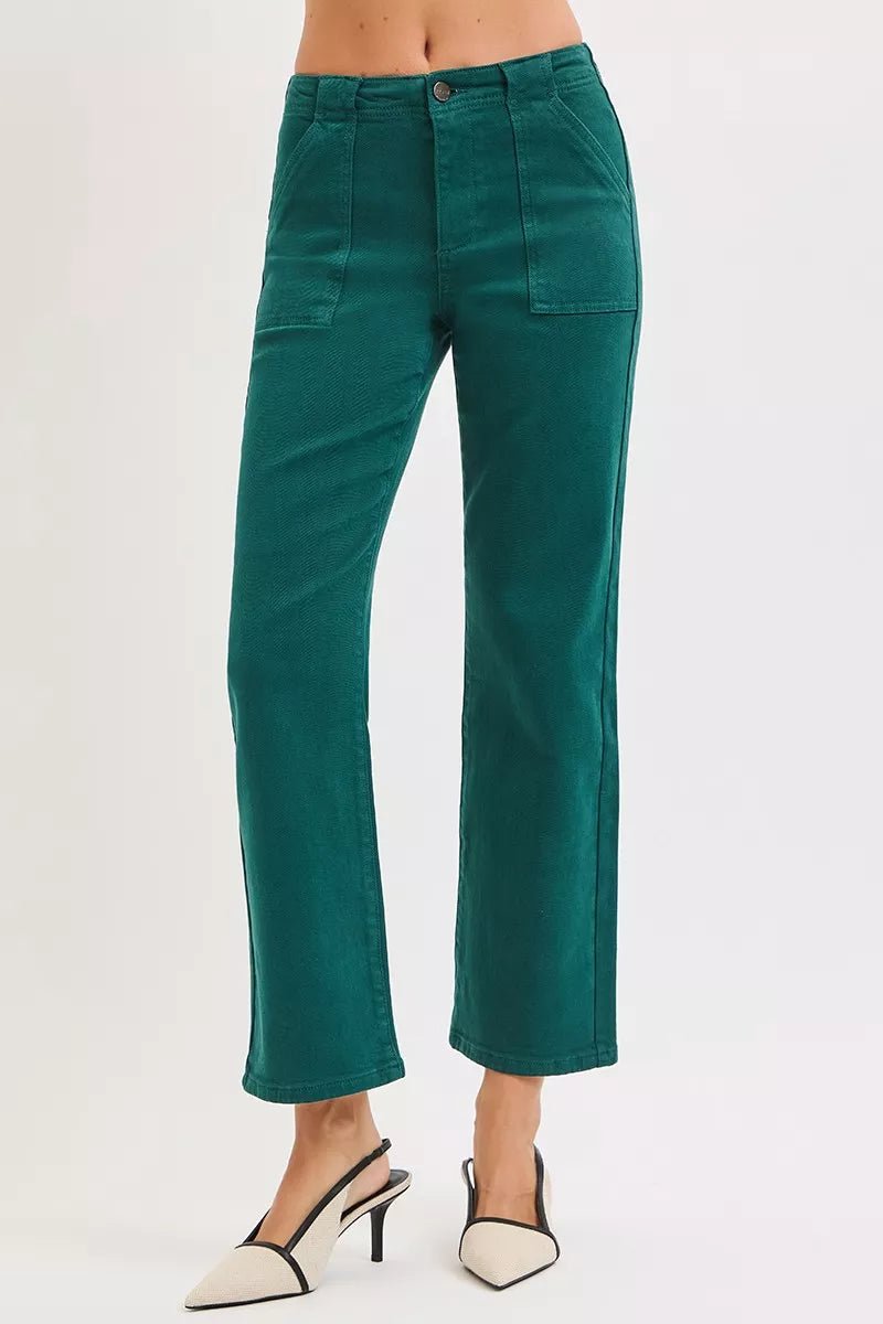 RISEN High Rise Ankle Flare Jeans with Patch Pockets - AMVIM