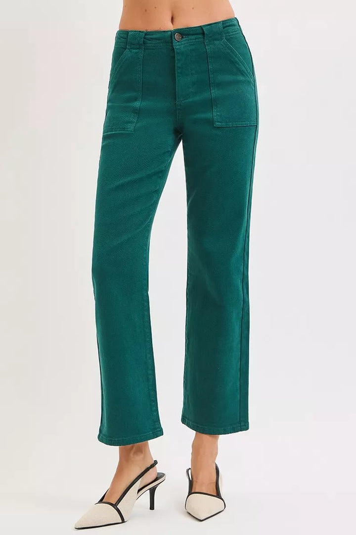 RISEN High Rise Ankle Flare Jeans with Patch Pockets - AMVIM