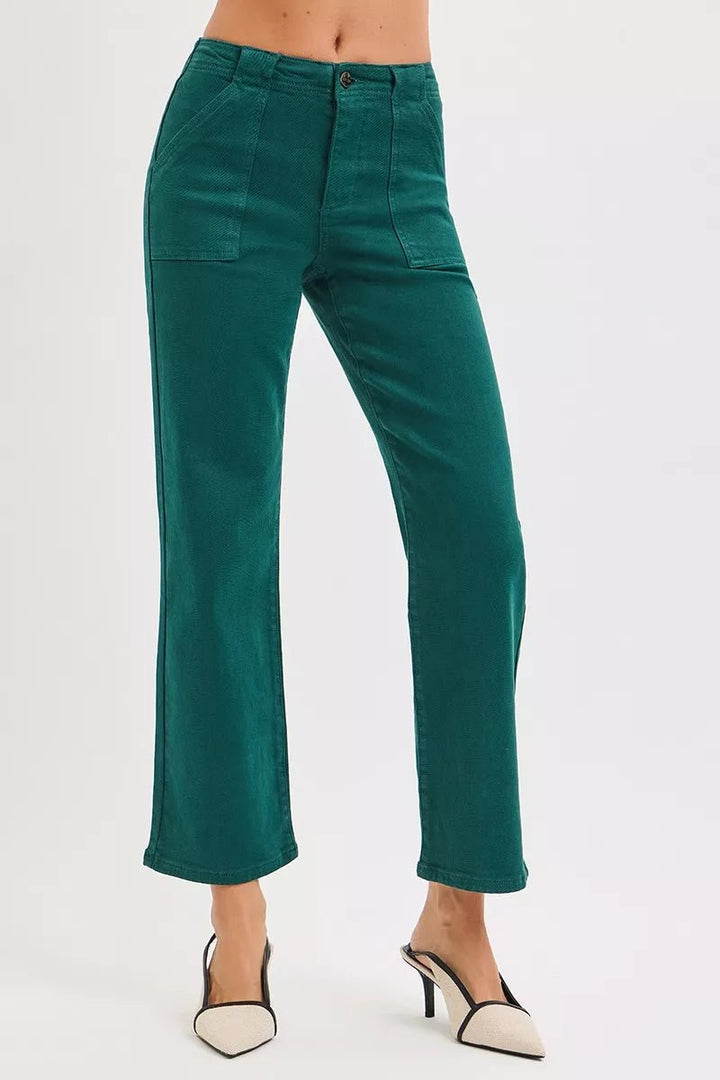 RISEN High Rise Ankle Flare Jeans with Patch Pockets - AMVIM