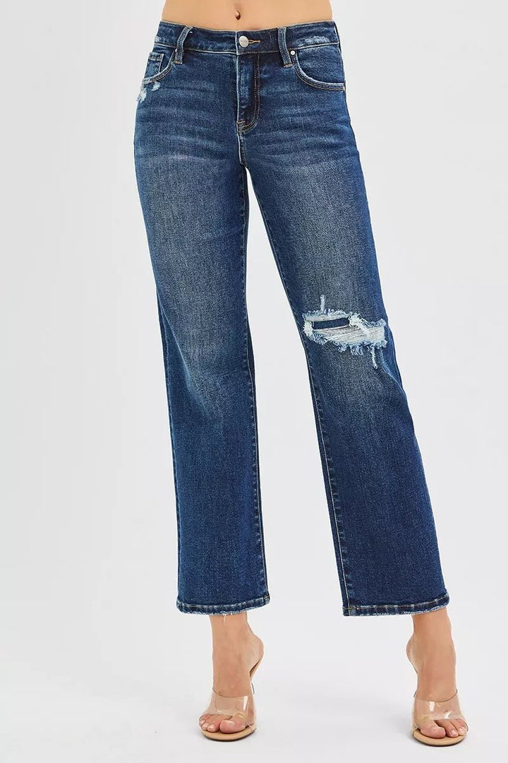 RISEN High Rise Crop Slim Straight Jeans with Hidden Knee Patch - AMVIM