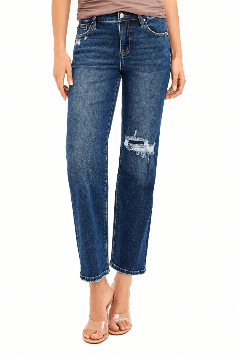 RISEN High Rise Crop Slim Straight Jeans with Hidden Knee Patch - AMVIM