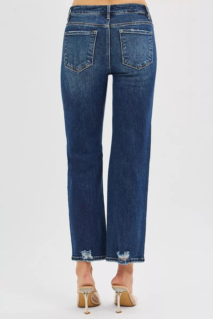 RISEN High Rise Crop Slim Straight Jeans with Hidden Knee Patch - AMVIM