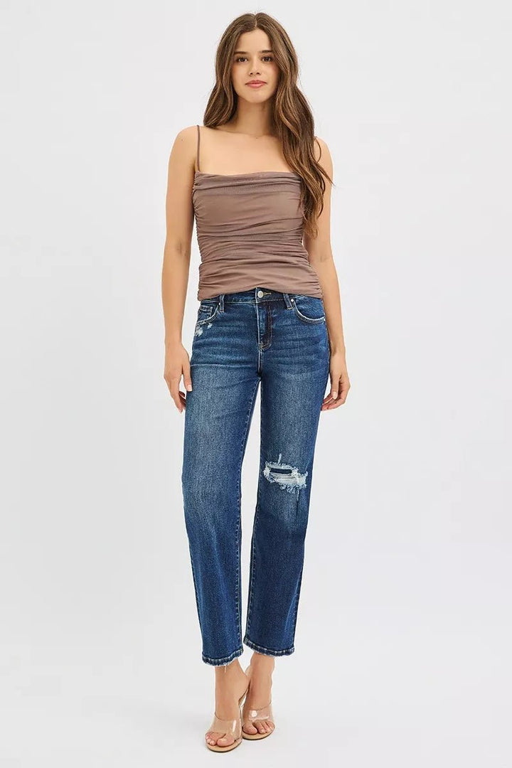 RISEN High Rise Crop Slim Straight Jeans with Hidden Knee Patch - AMVIM