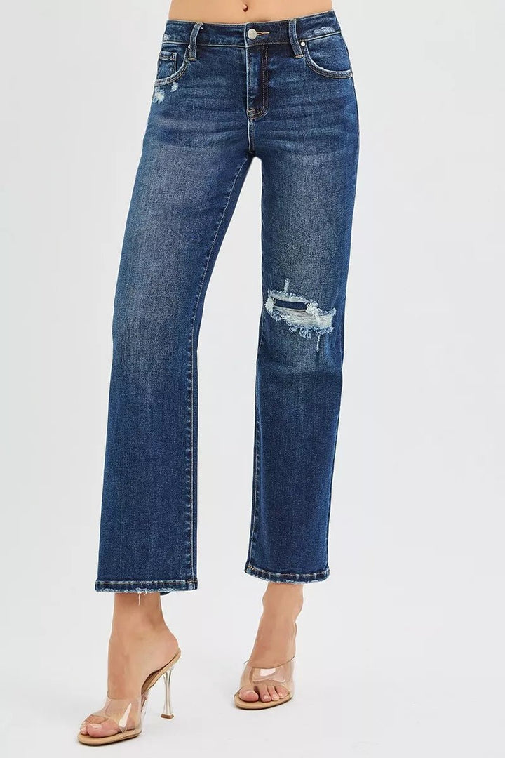 RISEN High Rise Crop Slim Straight Jeans with Hidden Knee Patch - AMVIM