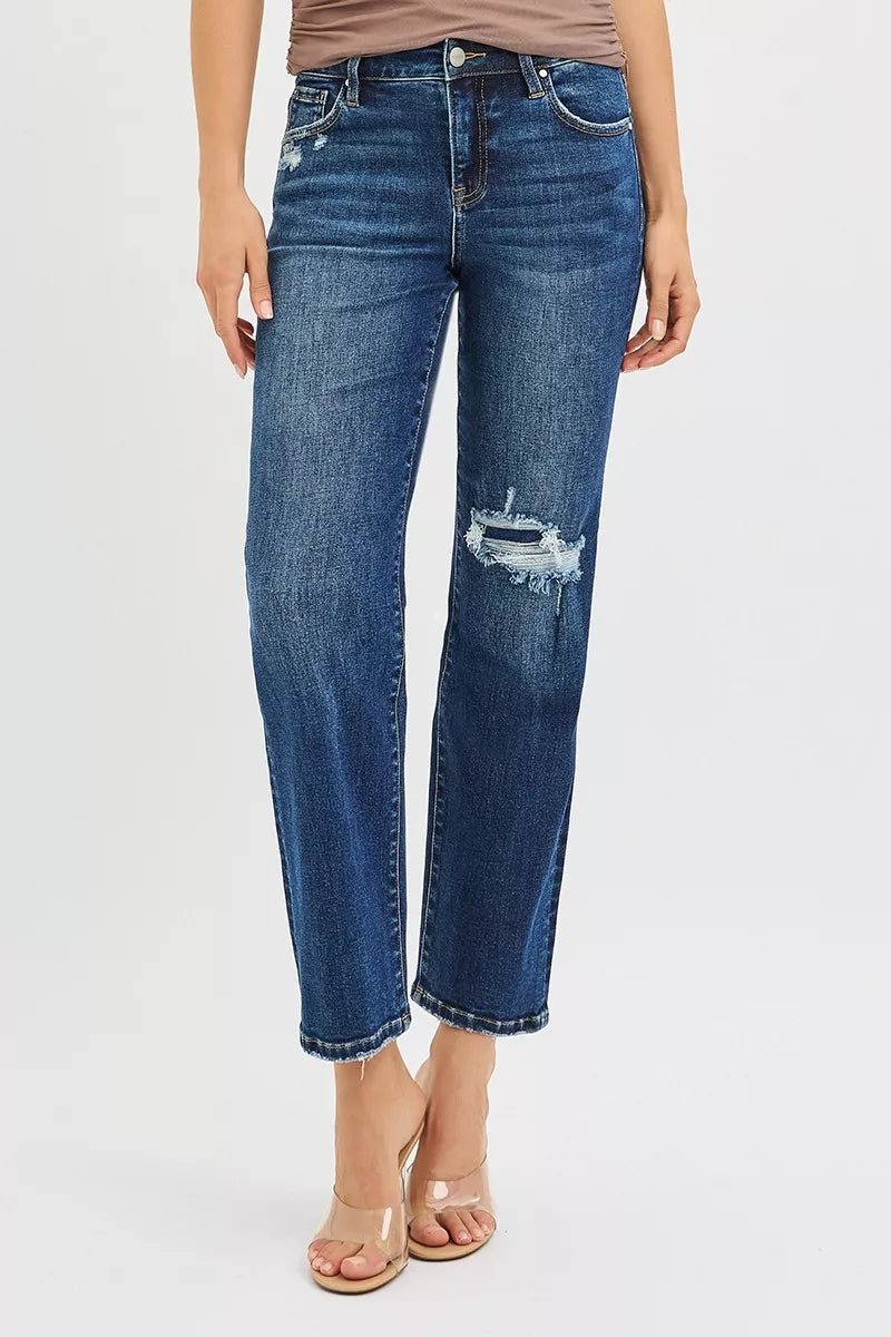 RISEN High Rise Crop Slim Straight Jeans with Hidden Knee Patch - AMVIM