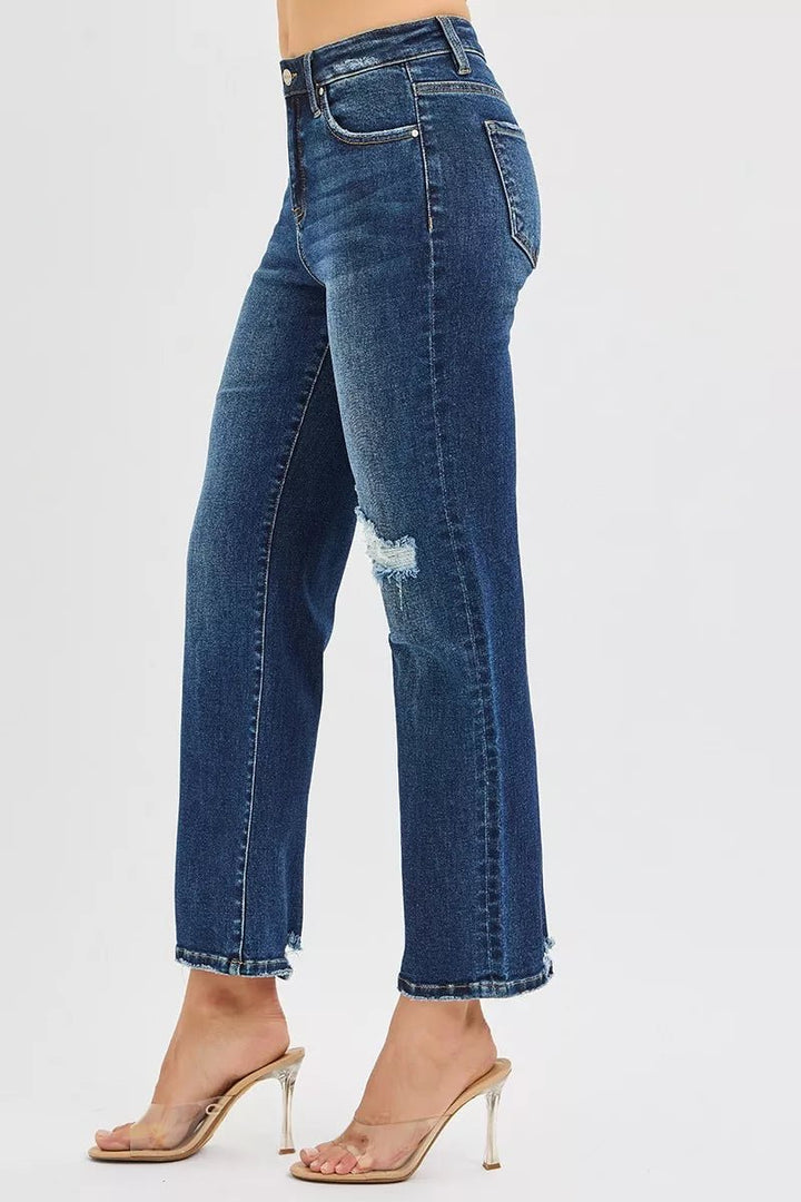 RISEN High Rise Crop Slim Straight Jeans with Hidden Knee Patch - AMVIM
