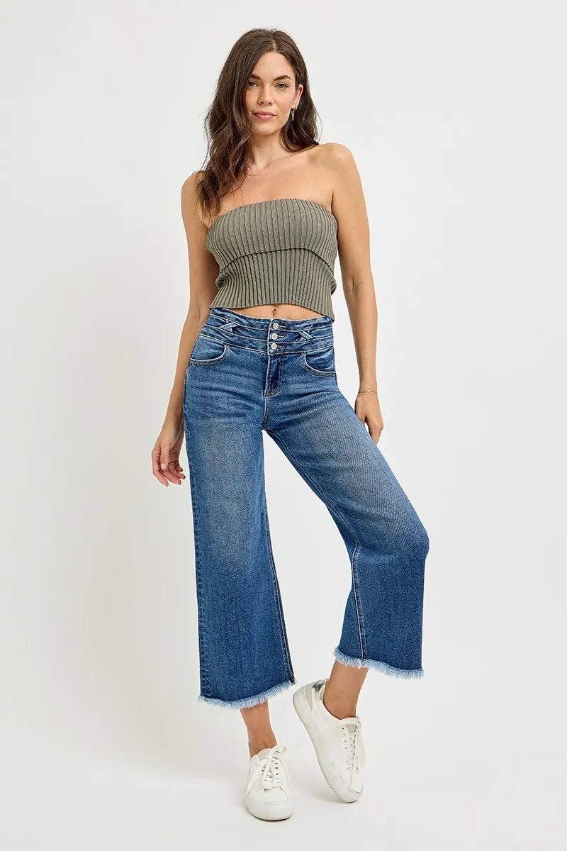 RISEN High Rise Crop Wide Leg Jeans with Wide Band Detail - AMVIM