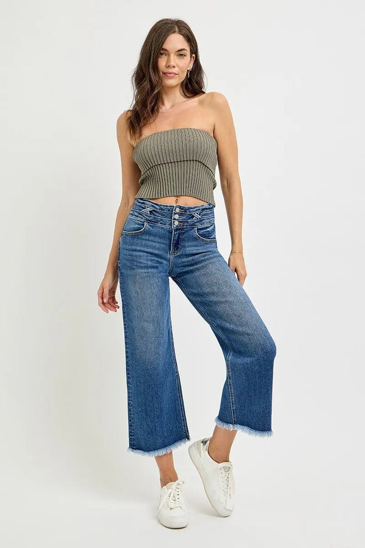 RISEN High Rise Crop Wide Leg Jeans with Wide Band Detail - AMVIM