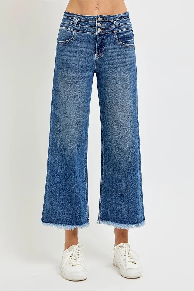 RISEN High Rise Crop Wide Leg Jeans with Wide Band Detail - AMVIM