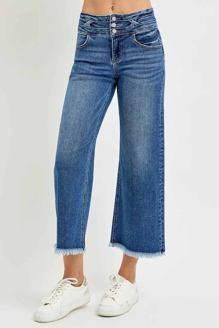 RISEN High Rise Crop Wide Leg Jeans with Wide Band Detail - AMVIM