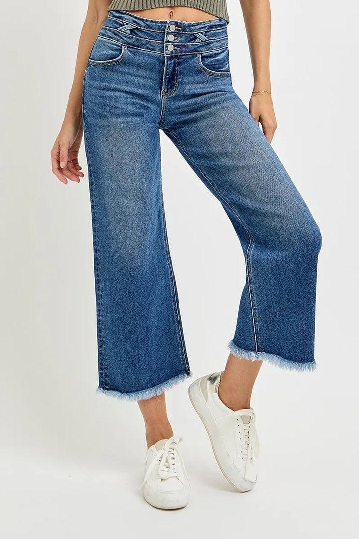 RISEN High Rise Crop Wide Leg Jeans with Wide Band Detail - AMVIM