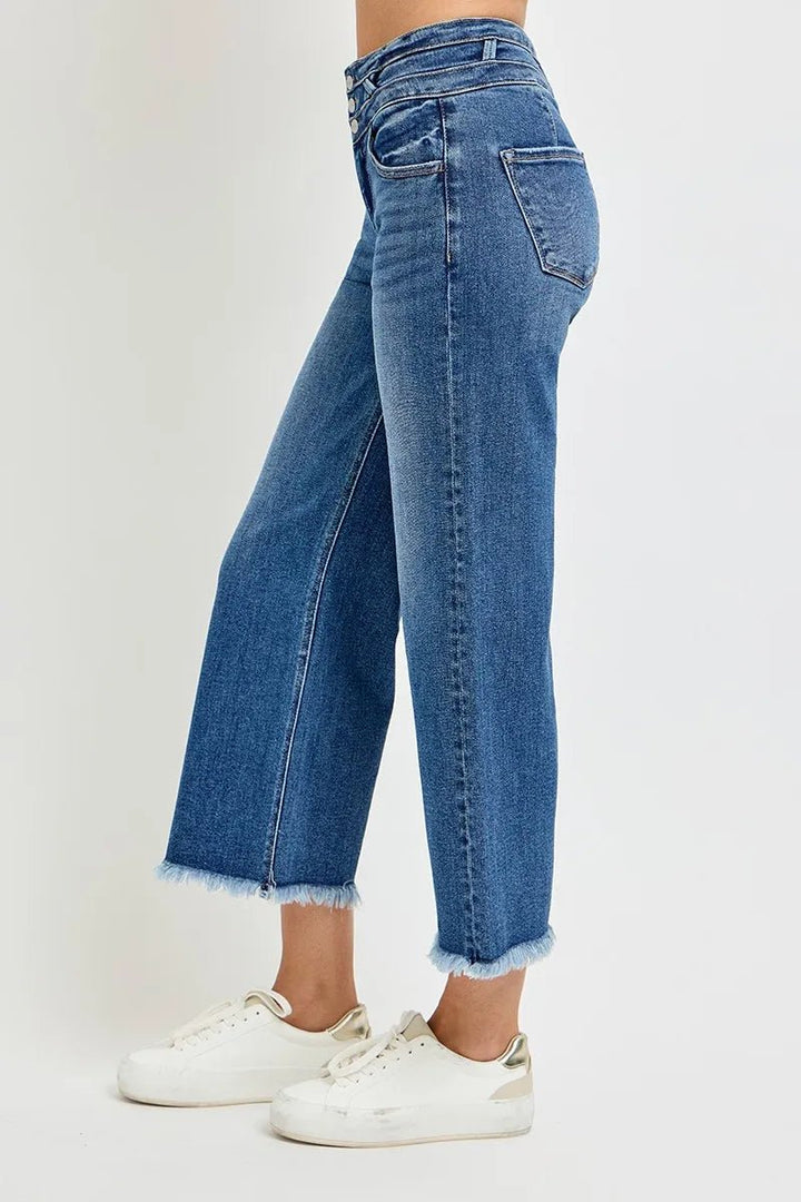 RISEN High Rise Crop Wide Leg Jeans with Wide Band Detail - AMVIM