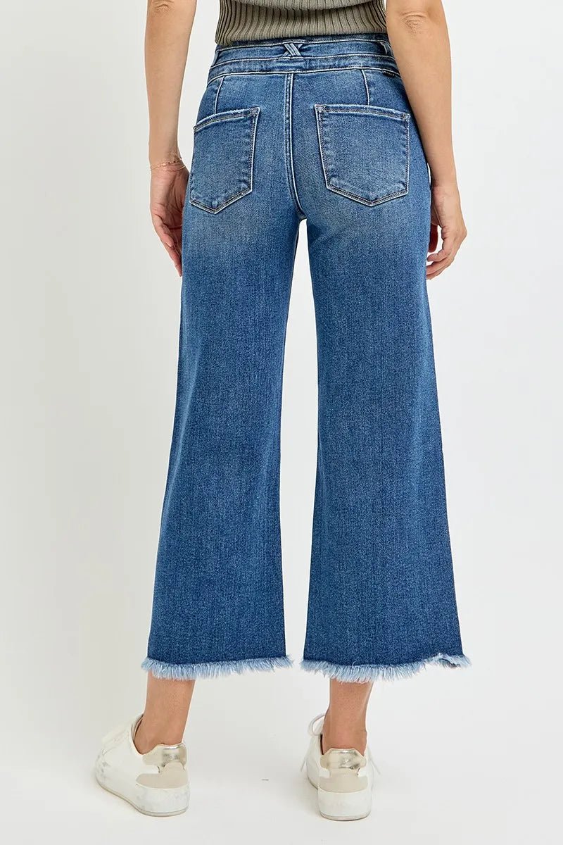 RISEN High Rise Crop Wide Leg Jeans with Wide Band Detail - AMVIM