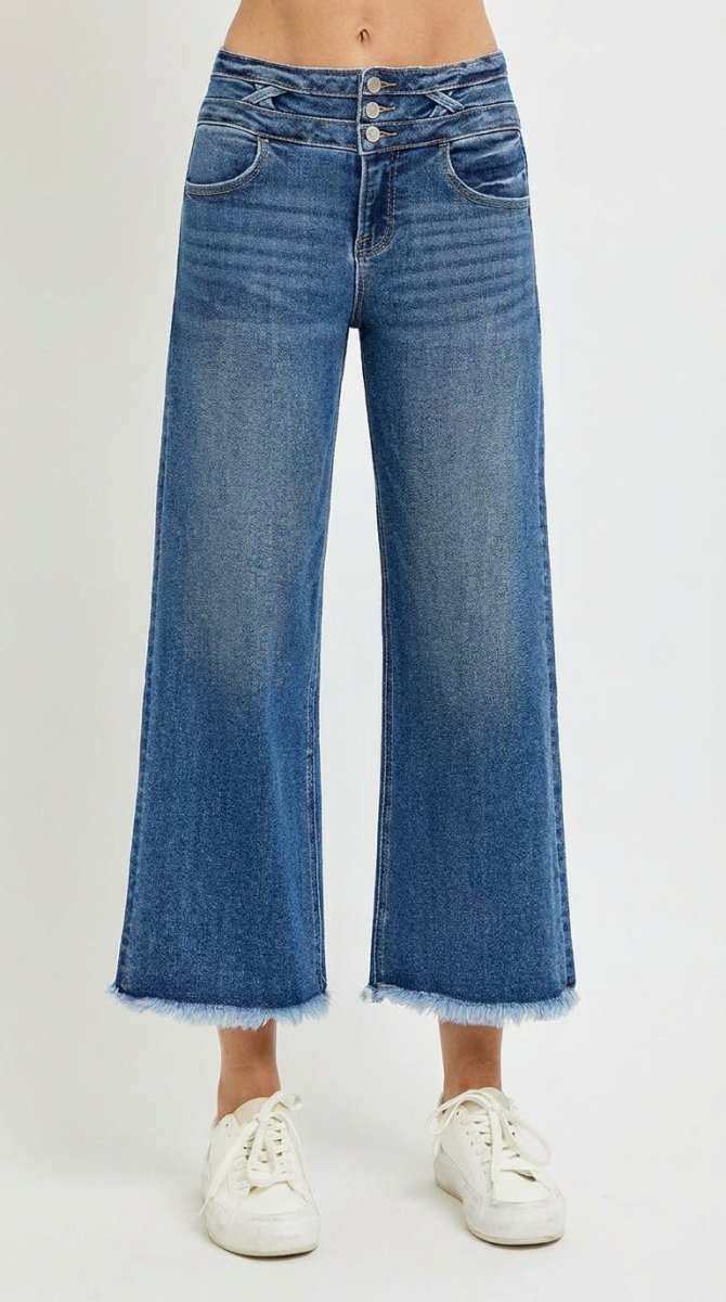 RISEN High Rise Crop Wide Leg Jeans with Wide Band Detail - AMVIM
