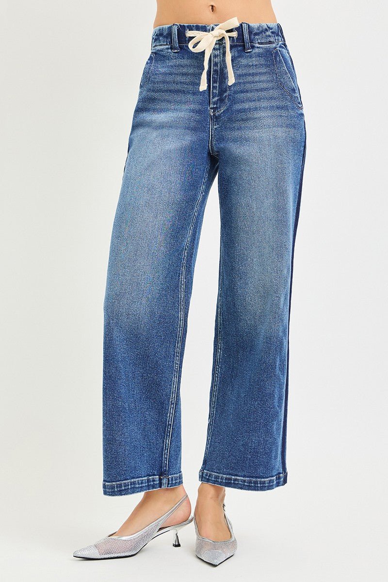 RISEN High Rise Cropped Wide Leg Jeans with Elastic Band - AMVIM