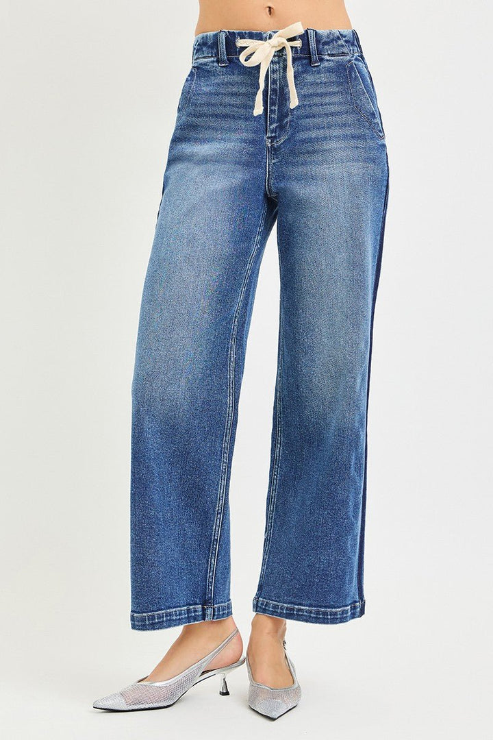 RISEN High Rise Cropped Wide Leg Jeans with Elastic Band - AMVIM