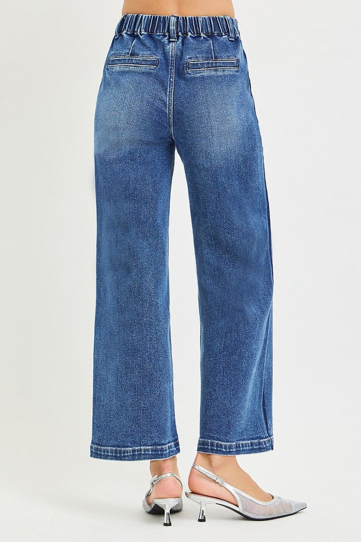 RISEN High Rise Cropped Wide Leg Jeans with Elastic Band - AMVIM