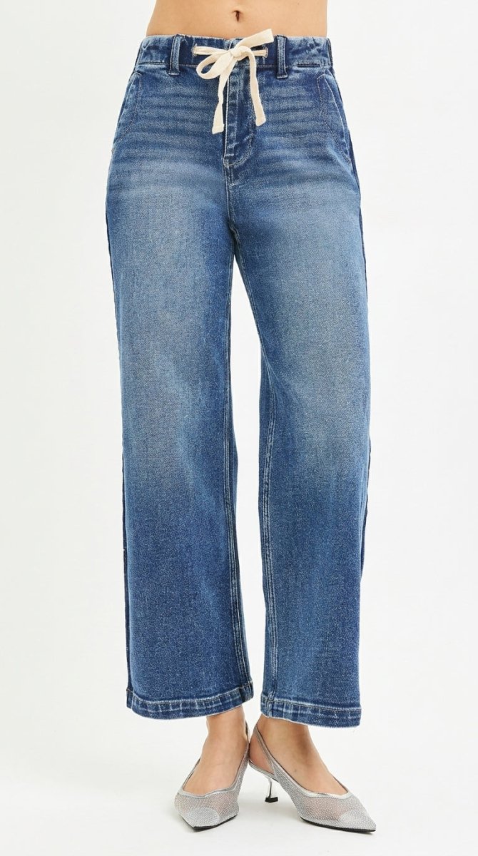 RISEN High Rise Cropped Wide Leg Jeans with Elastic Band - AMVIM