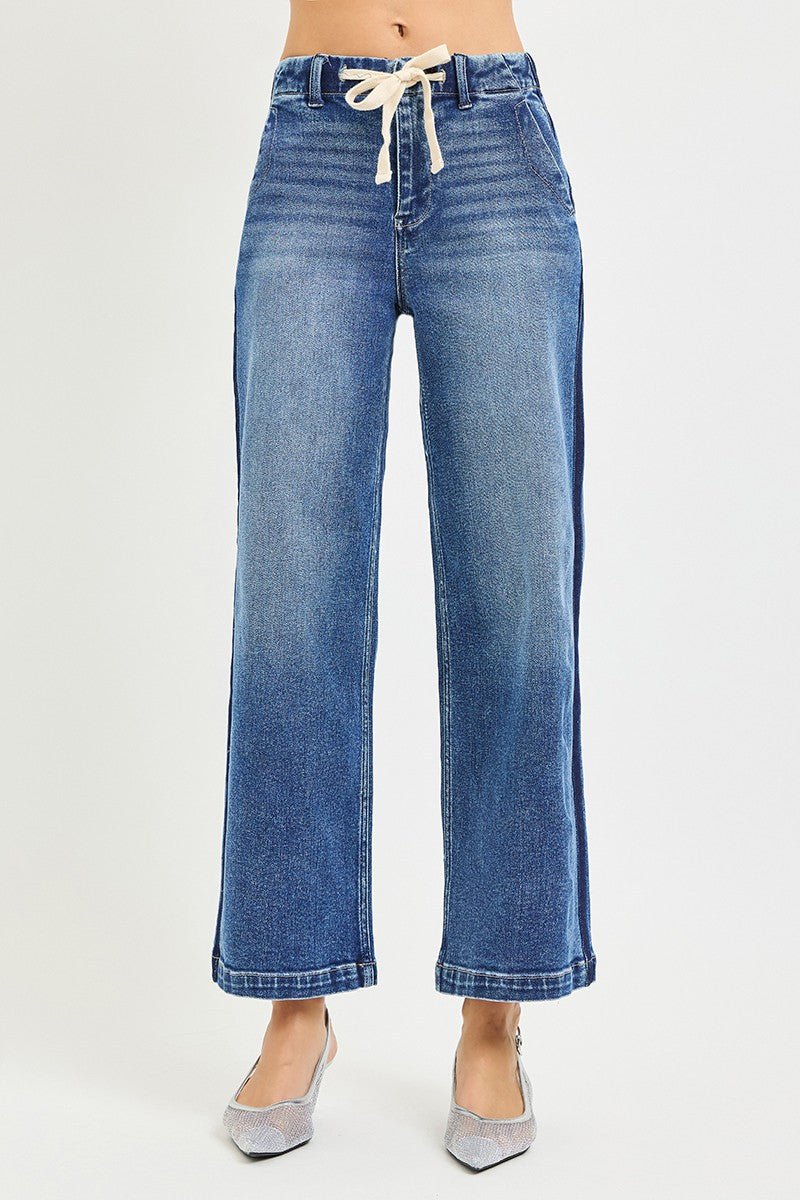 RISEN High Rise Cropped Wide Leg Jeans with Elastic Band - AMVIM