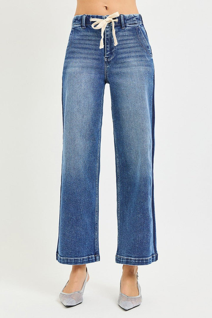 RISEN High Rise Cropped Wide Leg Jeans with Elastic Band - AMVIM