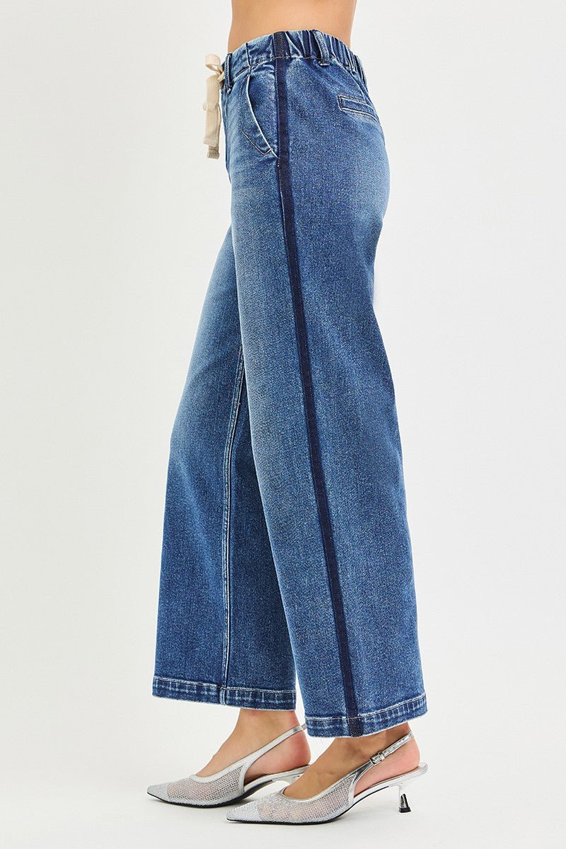 RISEN High Rise Cropped Wide Leg Jeans with Elastic Band - AMVIM