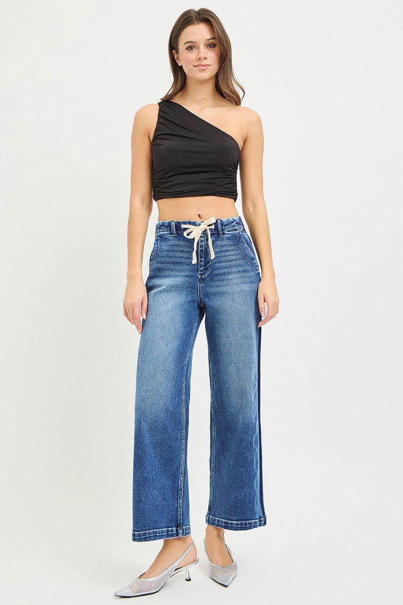 RISEN High Rise Cropped Wide Leg Jeans with Elastic Band - AMVIM