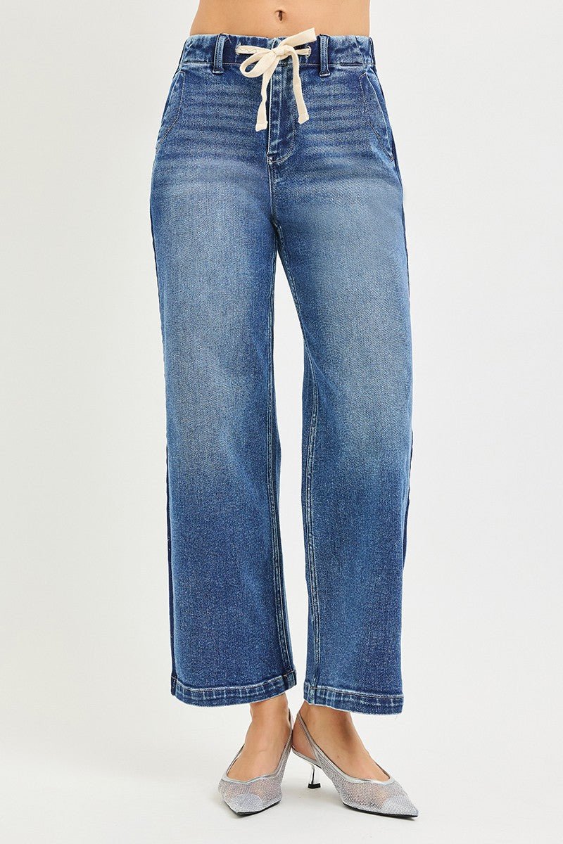 RISEN High Rise Cropped Wide Leg Jeans with Elastic Band - AMVIM