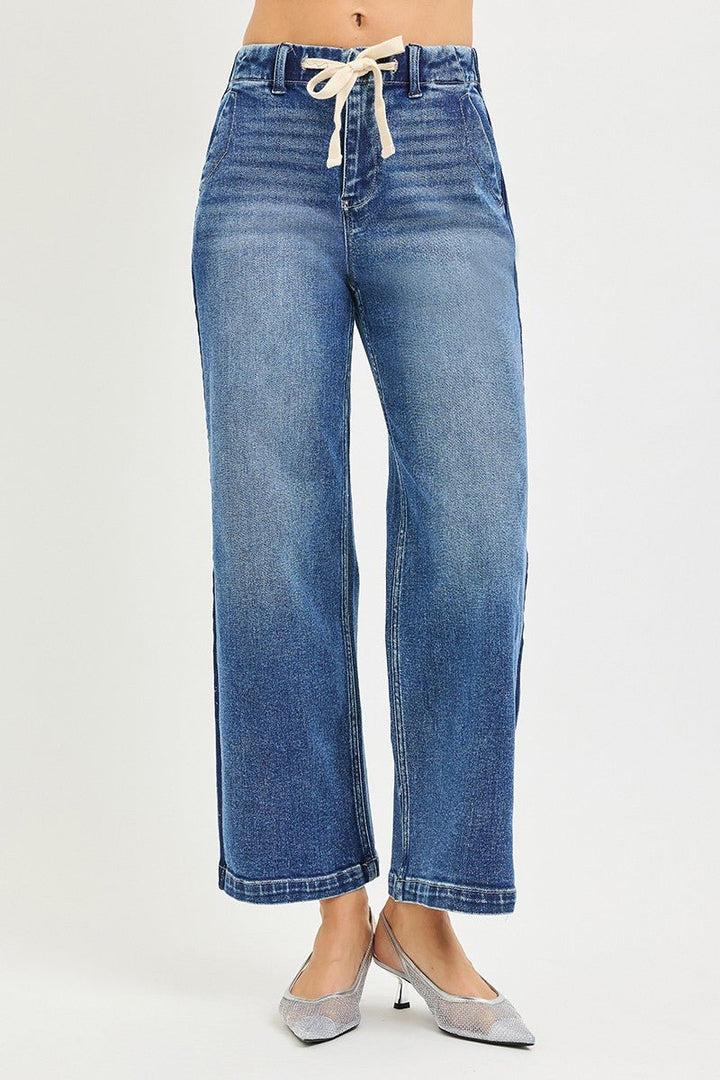 RISEN High Rise Cropped Wide Leg Jeans with Elastic Band - AMVIM