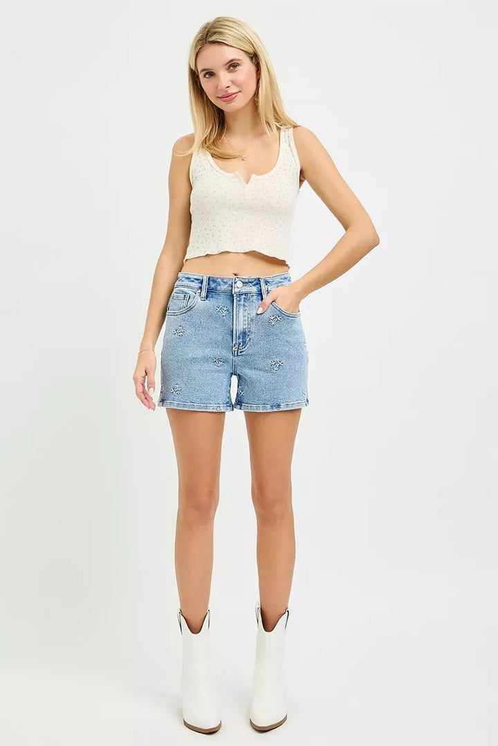 RISEN High Rise Denim Shorts with Embroidery - AMVIM