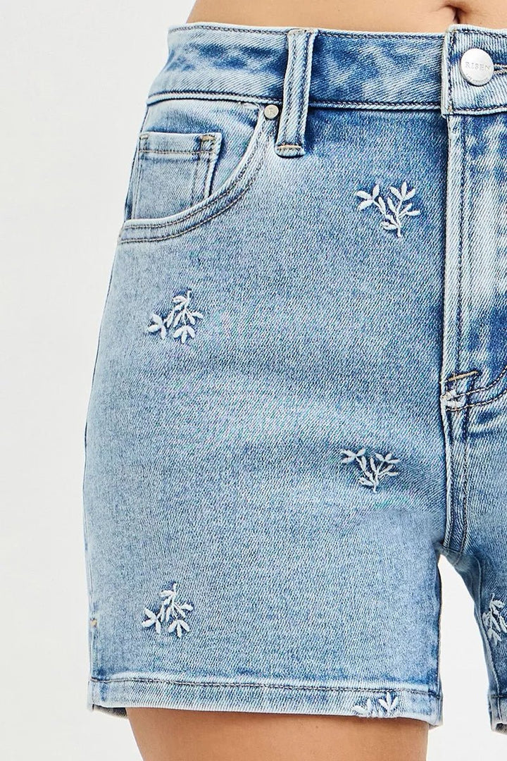 RISEN High Rise Denim Shorts with Embroidery - AMVIM