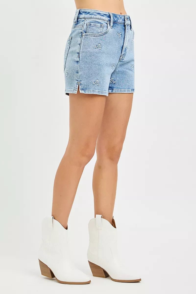 RISEN High Rise Denim Shorts with Embroidery - AMVIM