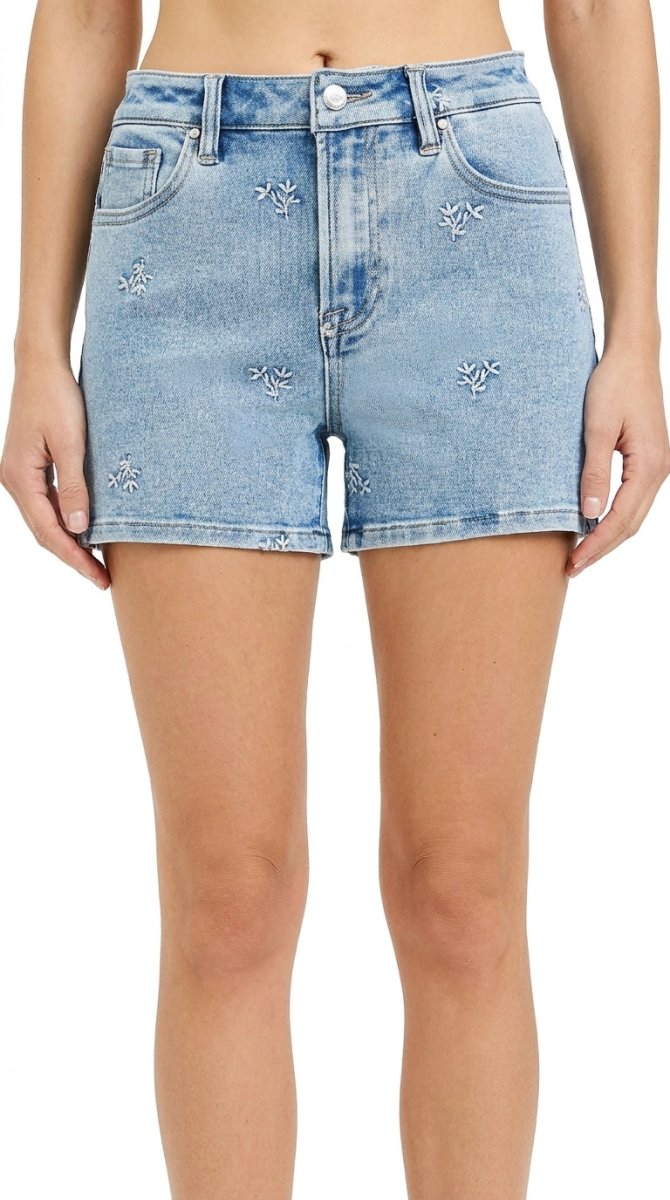 RISEN High Rise Denim Shorts with Embroidery - AMVIM