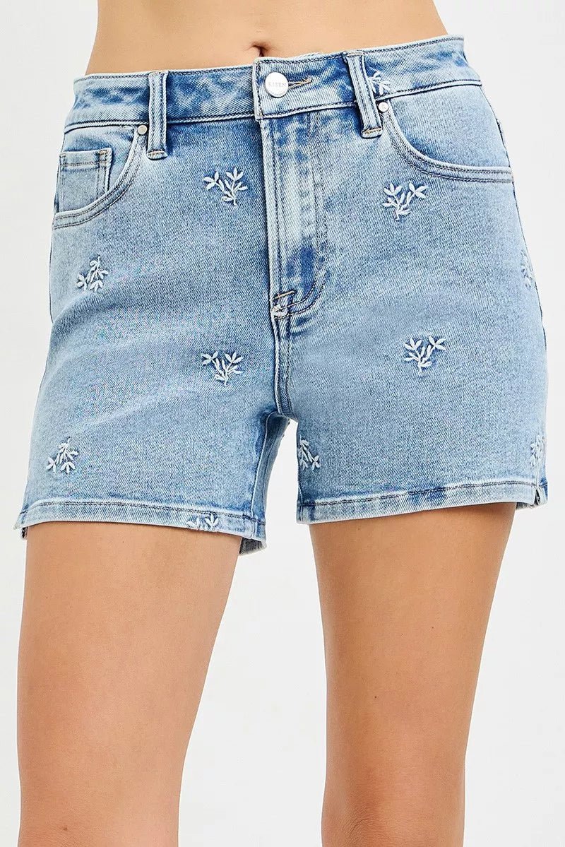 RISEN High Rise Denim Shorts with Embroidery - AMVIM