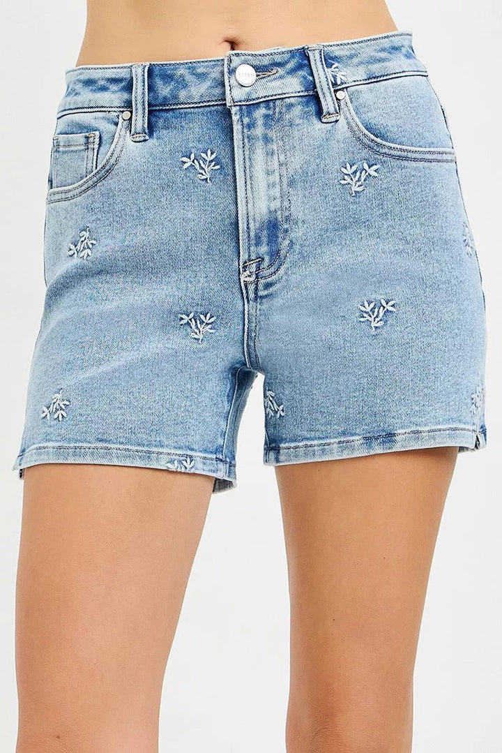 RISEN High Rise Denim Shorts with Embroidery - AMVIM