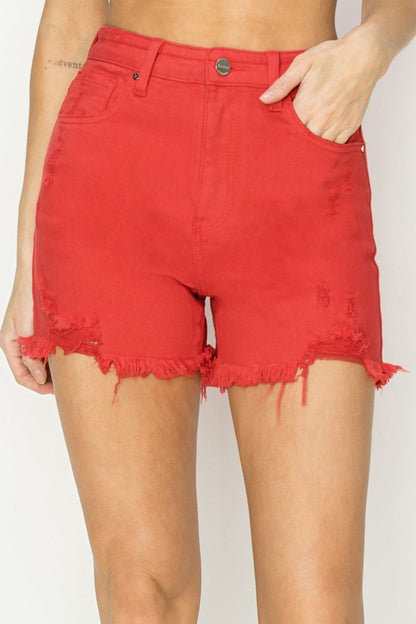 RISEN High Rise Distressed Denim Shorts - AMVIM