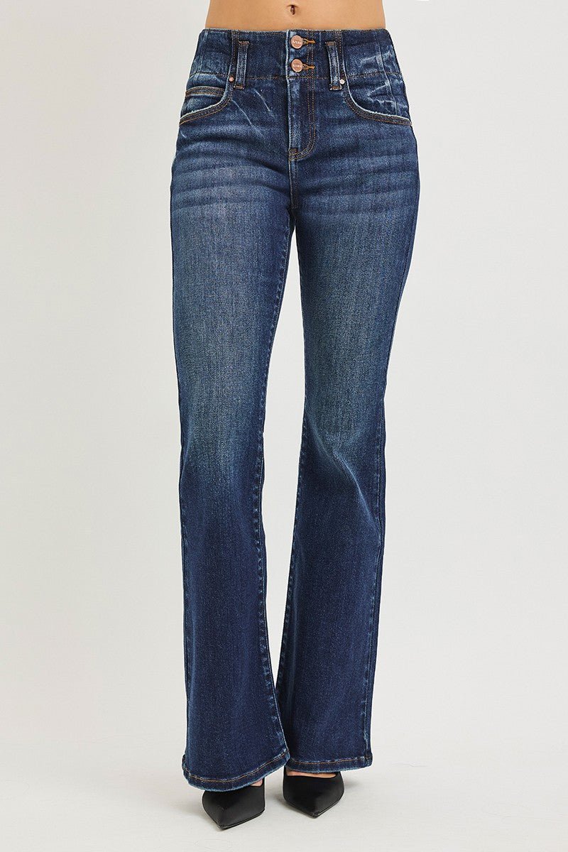 RISEN High Rise Flare Jeans with Seam Detail Waistband - AMVIM