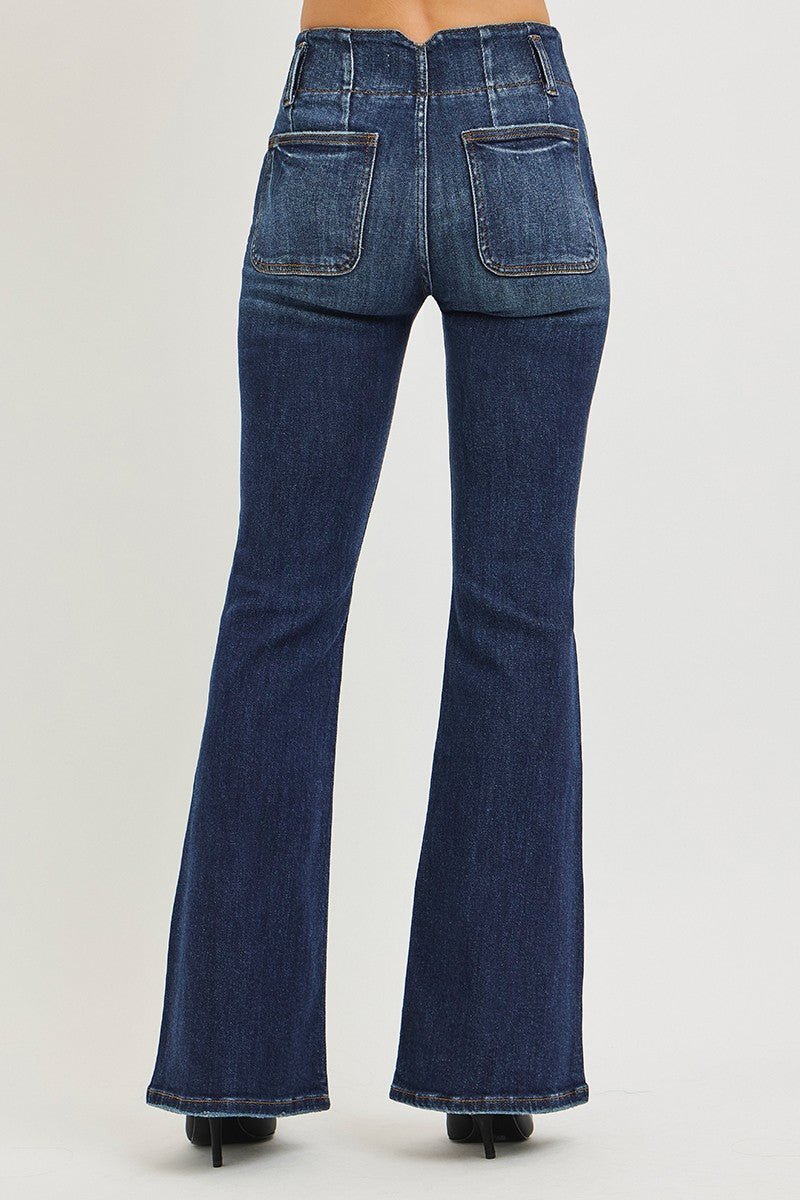 RISEN High Rise Flare Jeans with Seam Detail Waistband - AMVIM