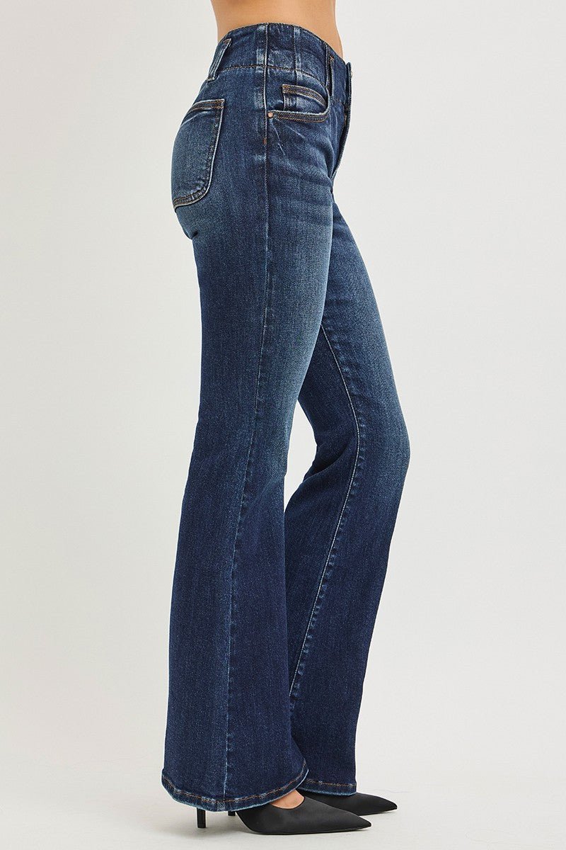 RISEN High Rise Flare Jeans with Seam Detail Waistband - AMVIM