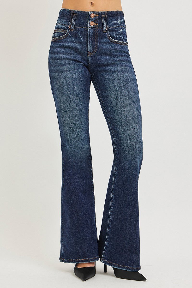 RISEN High Rise Flare Jeans with Seam Detail Waistband - AMVIM