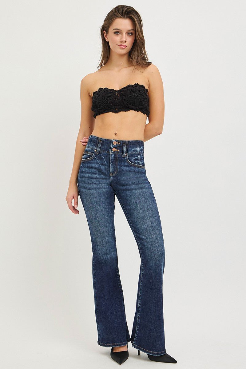 RISEN High Rise Flare Jeans with Seam Detail Waistband - AMVIM