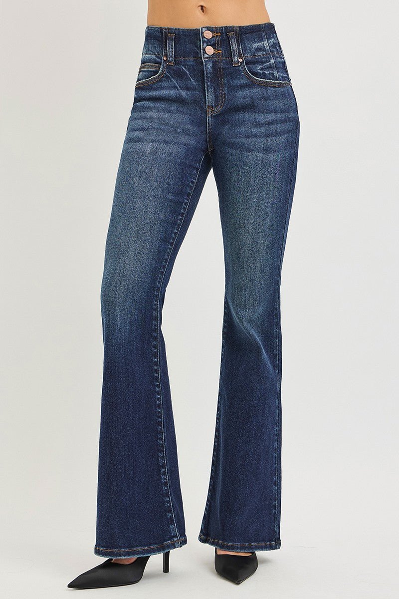 RISEN High Rise Flare Jeans with Seam Detail Waistband - AMVIM