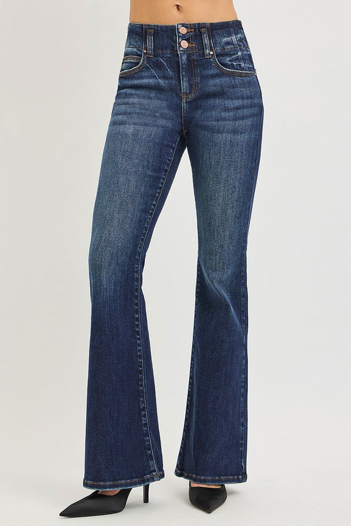 RISEN High Rise Flare Jeans with Seam Detail Waistband - AMVIM