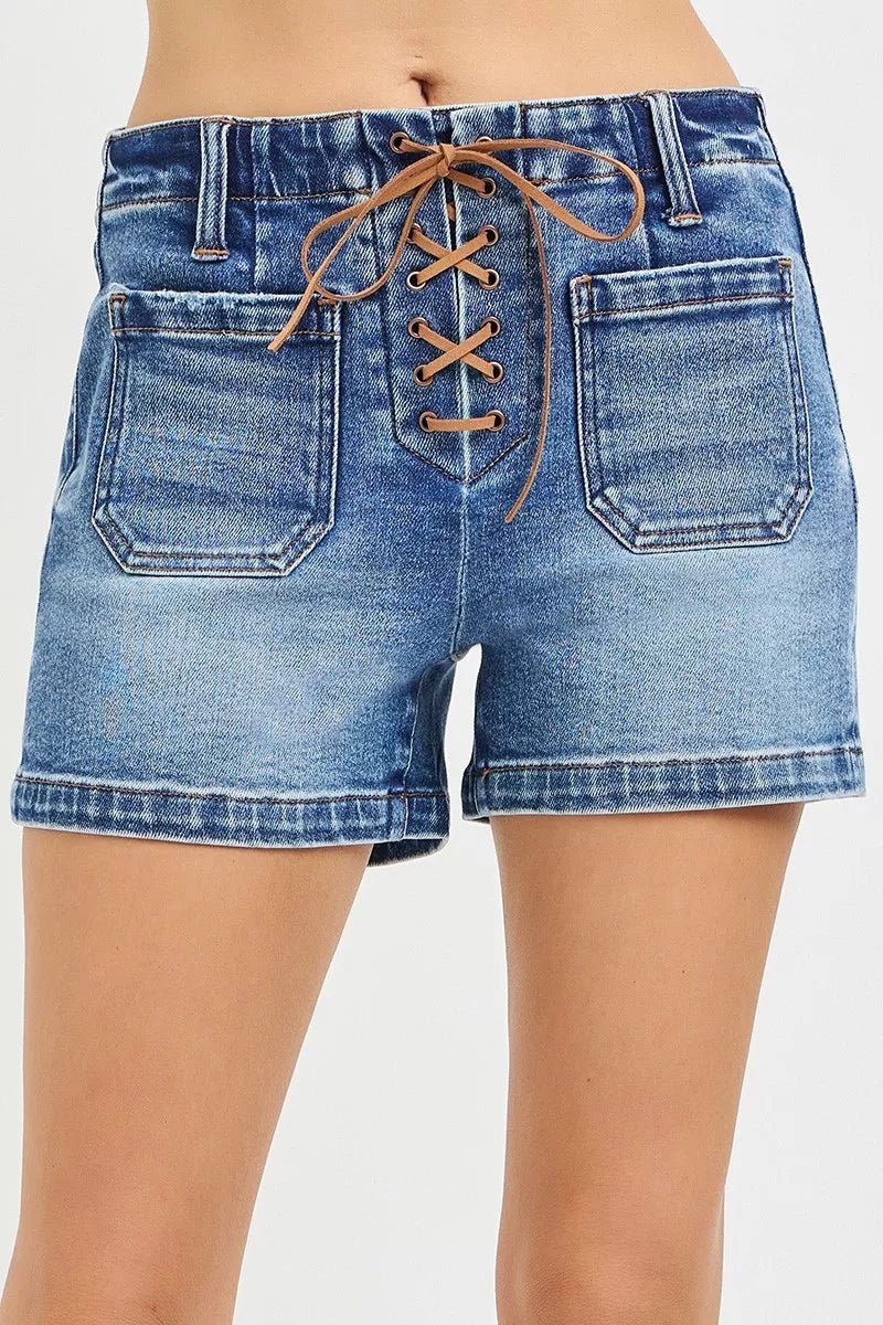 RISEN High Rise Front Tie Up Shorts with Patch Pockets - AMVIM