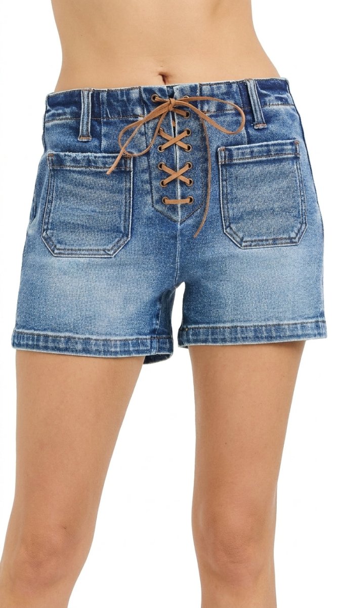 RISEN High Rise Front Tie Up Shorts with Patch Pockets - AMVIM