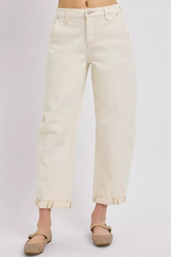 RISEN High Rise Relaxed Cuffed Barrel Jeans - AMVIM
